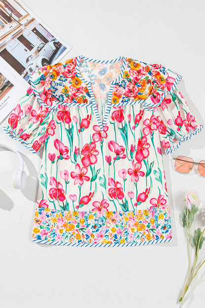 Greta Floral Split Neck Short Sleeve Blouse